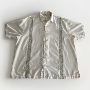 Tommy‎ Bahama Silk Shirt Mens 2XL Camp Hawaiian Aloha Ivory Embroidered Resort